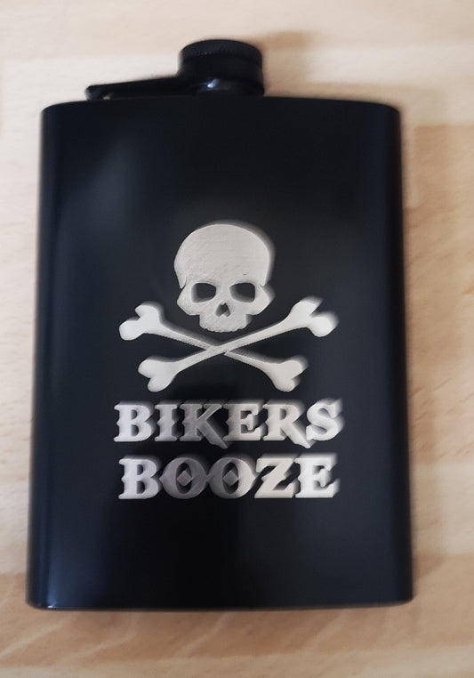 BIKERS BOOZE  8OZ STAINLESS STEEL HIP FLASK